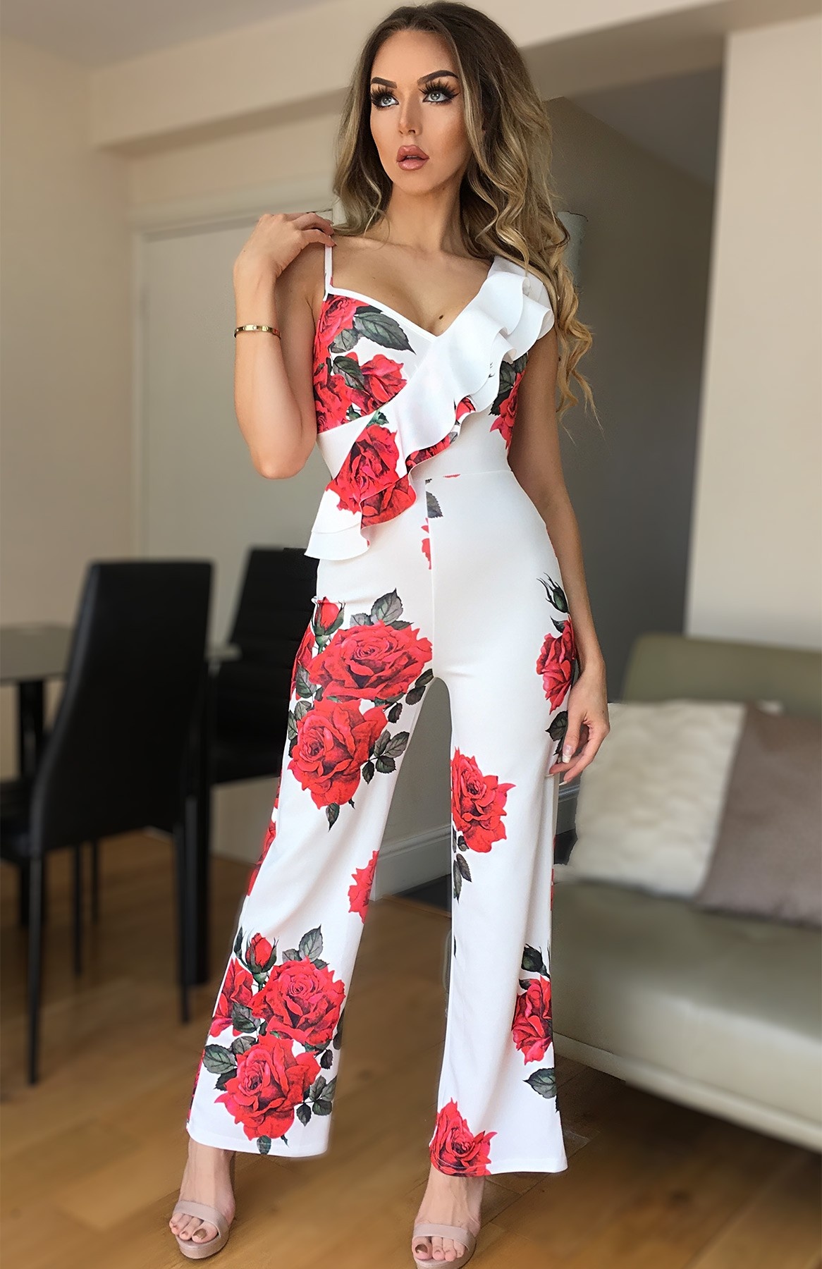 Tamsin Floral Frill Jumpsuit Ivory