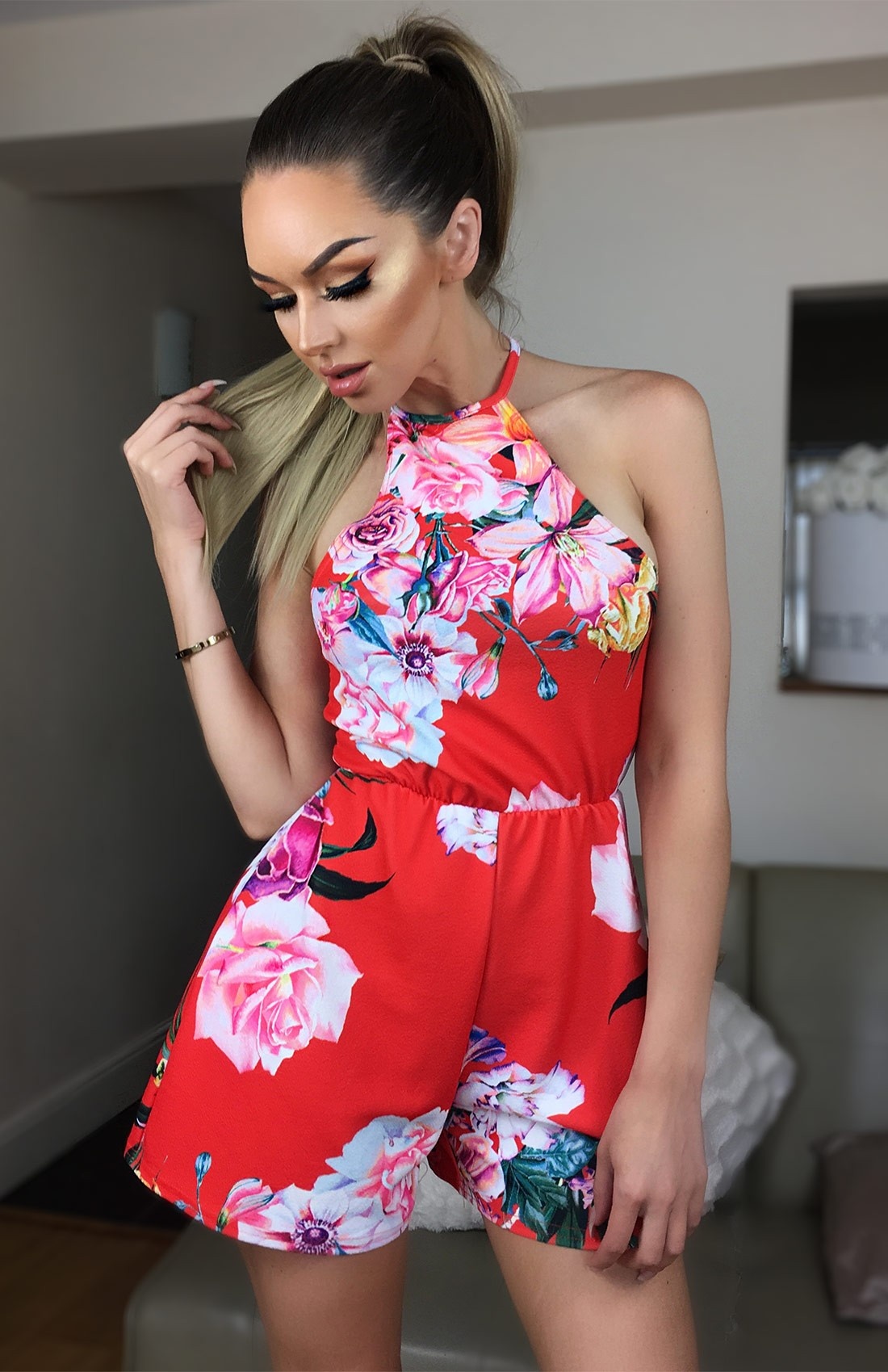 Camila Floral Detail Playsuit Red