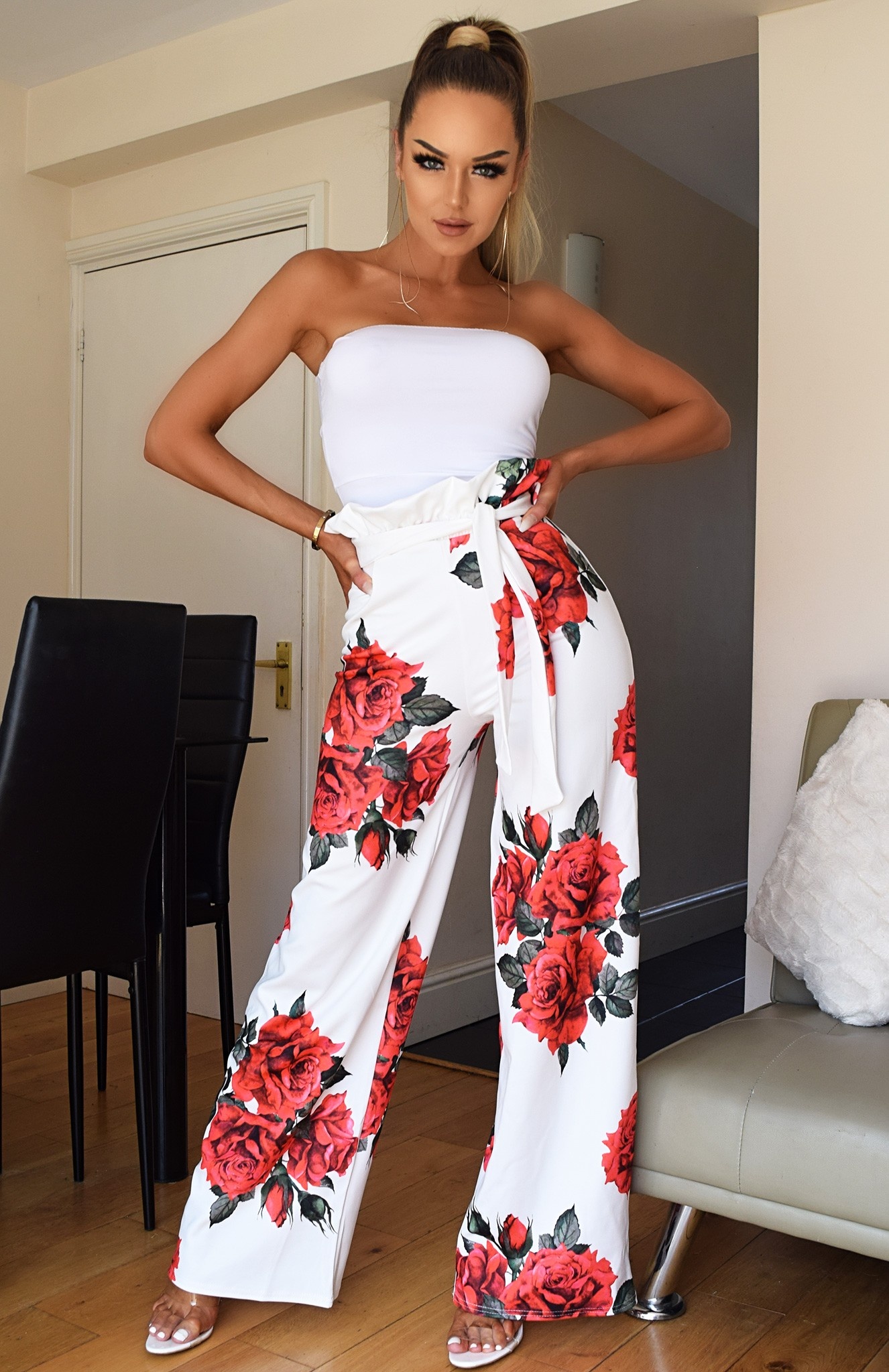 Tamsin Floral Pleated Trousers Ivory