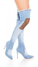 Sexy hoge hak denim-spijkerstof overknee laarzen met net decoratie lichtblauw