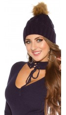 Trendy knitted cap w.removeable fake fur PomPom Navy