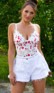 Sexy bodysuit met kant en bloemen-print wit