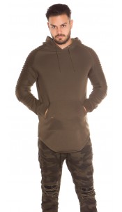 Trendy lange heren sweater-trui met capuchon en zak khaki