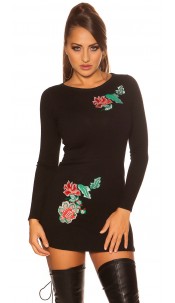 fine knit mini dress with floral embroidery Black