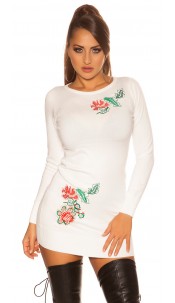 fine knit mini dress with floral embroidery White