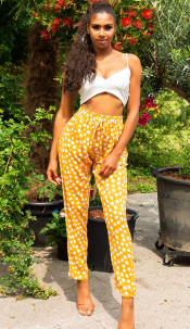 Trendy zomer broek met polka stippen mosterdgeel