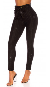 Sexy hoge taille broek met glitter en riem zwart