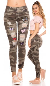 camouflage jeans gebruikte used look met patches leger-kleurig