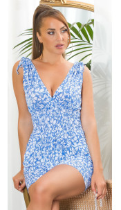 Summer Jumpsuit with V-Neck & floral Print Blue