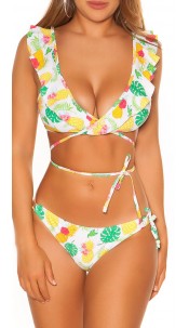 Bikini with Ruffles Hawaii Print White