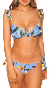 bikini met ruches en bloemen print blauw
