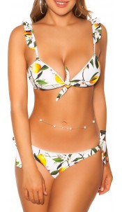bikini with ruffles flowers print White