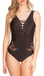 swimsuit with lacing and embroidery Black