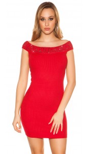 Sexy Koucla fineknitted dress with rhinestones Red