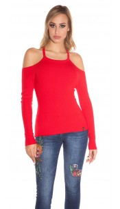 Fijn gebreide blote schouder sweater-trui rood