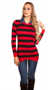 Trendy fine knit long jumper + jeans collar Red