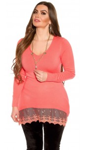 Curvy girls size pullover met ketting & kant koraal-kleurig