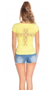 Trendy Shirt with Cross-Print and Lace Yellow