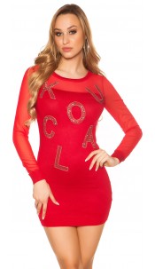 Sexy KouCla knit dress/sweater + rhinestones+mesh Red