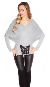 Trendy bat sweater with lacing Grey
