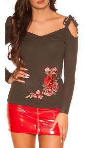 Trendy Coldshoulder Sweater with embroidery Khaki