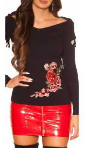 Trendy Coldshoulder Sweater with embroidery Navy