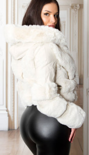 Short Faux Fur Winter jacket with Hood Beige