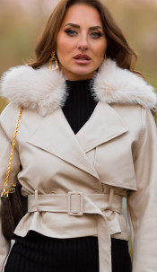 faux leather winter jacket with belt Beige
