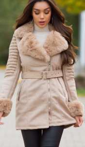 Sexy winter mantel met nep bont details bruin