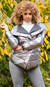 Shiny Winter Jacket with Hood Gray