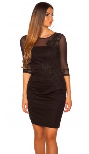 shift dress with mesh and embroidery Black