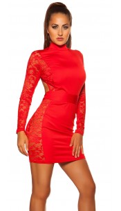 Neck mini dress with lace Red