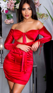 Ruffled Off-Shoulder Satin Dress Red