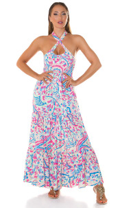 Trendy Summer Neck-Maxidress with print Pink