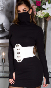 Trendy fitting jurk met face mask zwart