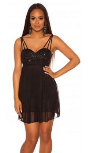 strap mini dress w. Pearls & sequins Black