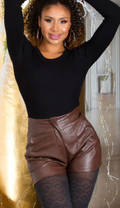 high-waisted faux leather shorts Brown