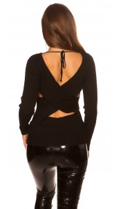 v-hals geribbelde sweater-trui rug zwart