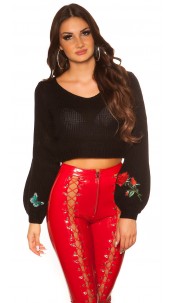 Crop knit sweater with patches Black