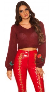 Crop knit sweater with patches Bordeaux