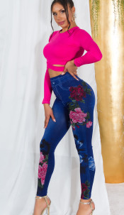 hoge taille leggings jeans look met bloemen-print blauw