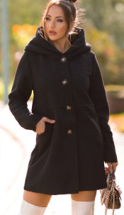 Beautiful Boucle Look coat with hood Black