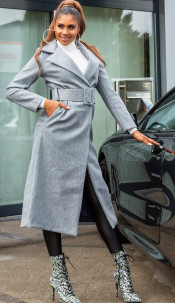 Trendy Long Coat with Belt Gray