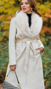 Leder look winter mantel met faux fur details beige