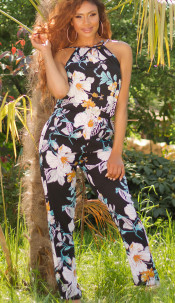 Trendy Summer Neck Overall with print Black