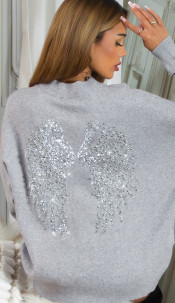 Gebreide sweater-trui angel wings met glitter grijs