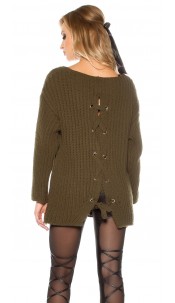 Trendy XXL loose knit jumper w. lacing in the back Khaki