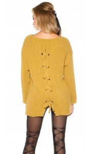 Trendy XXL loose knit jumper w. lacing in the back Mustard