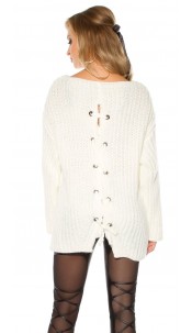 Trendy XXL loose knit jumper w. lacing in the back White