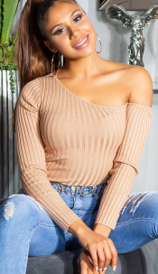 One-Shoulder Ribbed Sweater Brown
